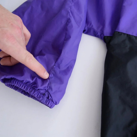 80S Active Spirit Purple Teal Zip Up Nylon W/ Hidden Hood Lined Windbreaker Coat - Picture 13 of 14